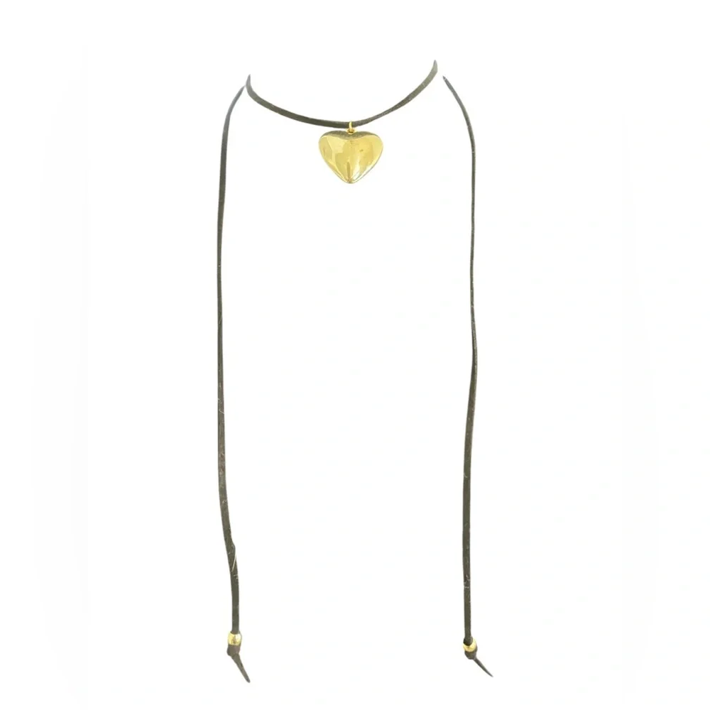 Puffy Gold Heart,Black straps Adjustable Choker Necklace - Picture 4 of 4